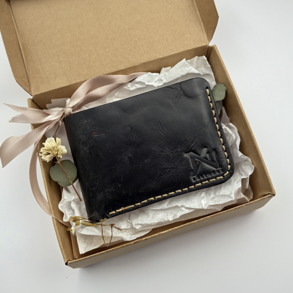 Handmade Leather Bi-Fold Wallet – Classic Slim Design with 6 Card Slots (Black)