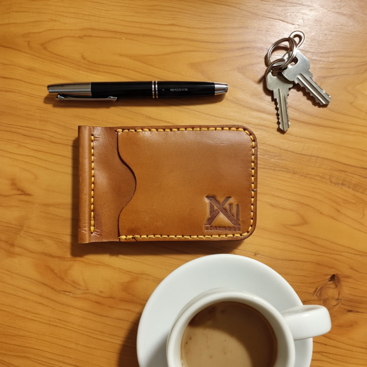 Brown leather wallet, pen, keys, and coffee cup on a wooden surface