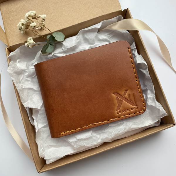 Handmade Leather Bi-Fold Wallet – Classic Slim Design with 6 Card Slots (Brown)